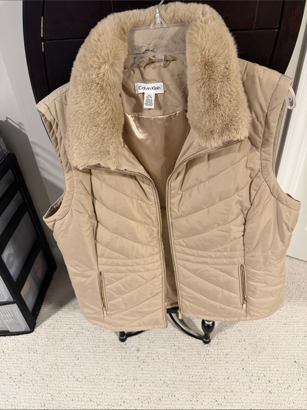 Calvin Klein Taupe Quilted Puffer Vest with Faux-Fur Collar
